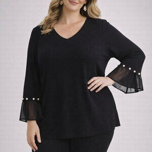 Womens Plus | Cato Black Long Sleeve Top with Pearl Details| BB215Q